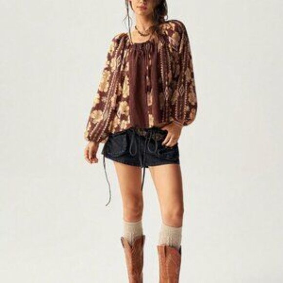 Multicolor Boho Women's Brown Relaxed Fit Pattern Patchwork Shirt - Picture 5 of 7